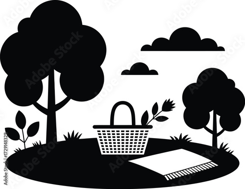 Outdoor picnic scene with trees basket and blanket