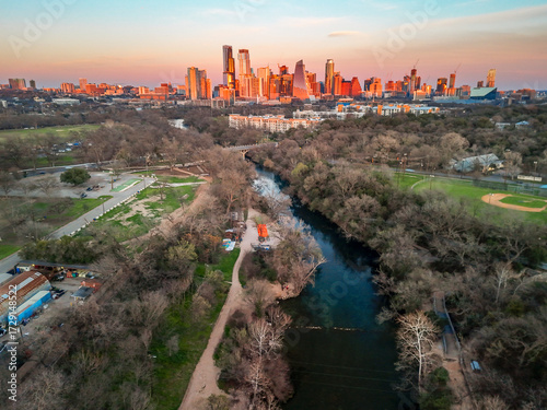 Aerial Sunset View of Austin Texas Skyline and Colorado River