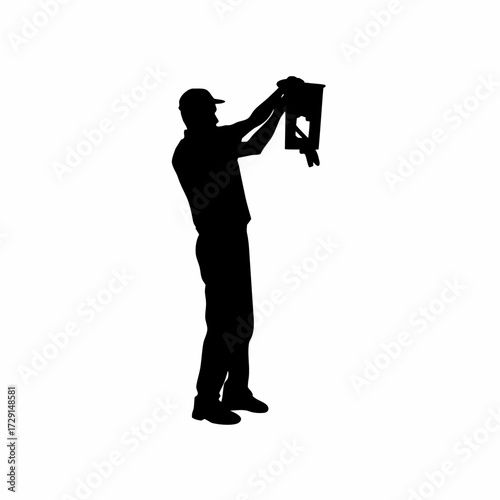 Silhouette of caretaker replacing damaged feeder isolated on white background