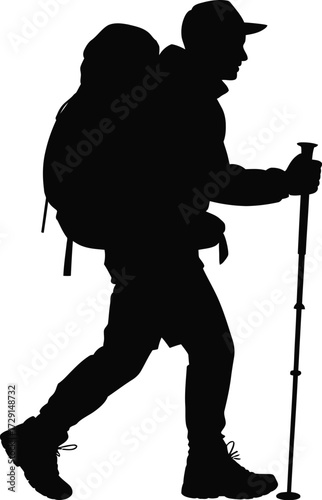Hiker with backpack and trekking poles walking hiking