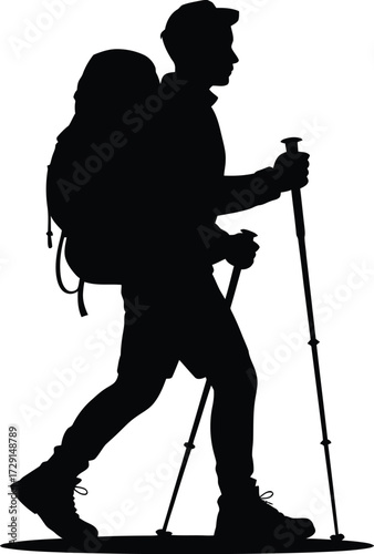 Hiker with backpack and poles trekking poles walking