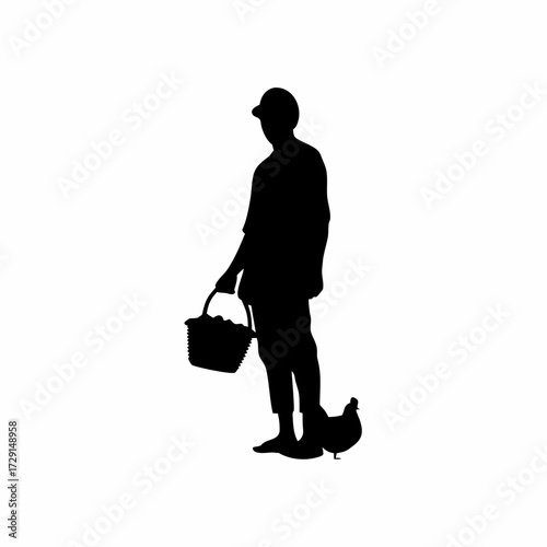 Silhouette of a caretaker resting near a poultry pen with a basket isolated on white background