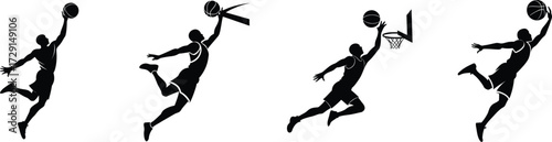 Dynamic basketball player dunking silhouette set four athletic sports action poses vector