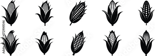 Set of silhouette corn cobs with grilled texture marks and husks for harvest or food themes vector