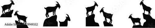 Silhouetted goats climbing rocks set diverse poses outdoor nature wildlife scenes vector