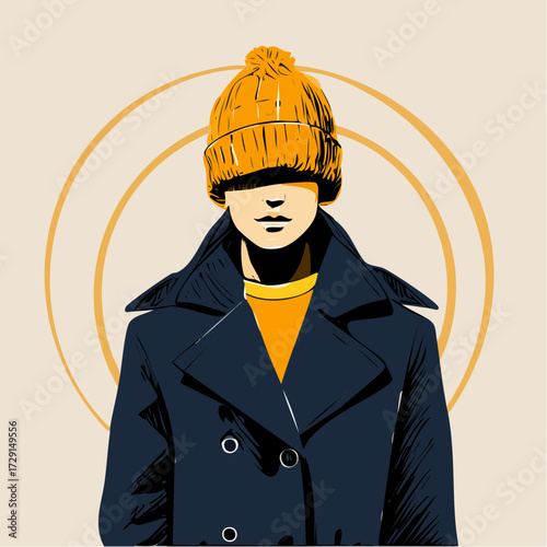 beanie giant on a breezy day petite bundled figure in pencil-sketched coat wearing an enormous slouchy mustard beanie tipping over one eye cozy fashion sticker editorial and branding asset