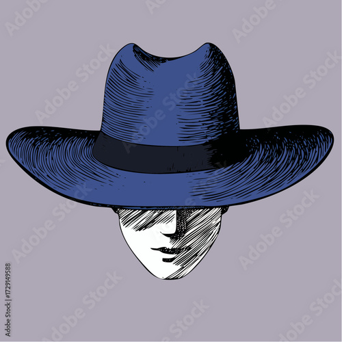 huge sunhat and little curious gaze small figure peeking from beneath a dramatic cerulean brimmed hat expressive graphite face and playful curiosity asset for editorial stickers and branding