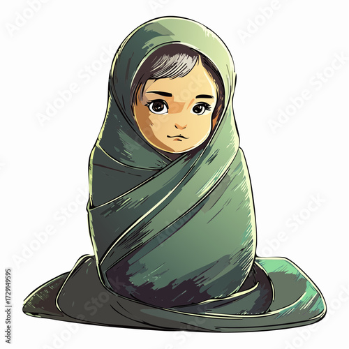 oversized scarf wrapped like a blanket tiny child swaddled in a forest green scribble-textured scarf billowing behind cozy winter warmth illustration for editorial stickers and apparel