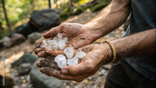 Outdoor scene of dirty hands holding natural raw crystals, representing geology exploration, earth’s treasures, and raw crystal healing.”
