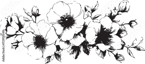 vector floral line art background with blooming flowers and leaves on a white background. hand-drawn vector illustration of delicate botanical elements for design