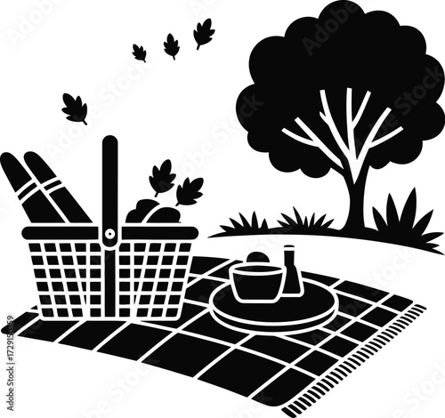 Picnic basket with food under tree bread fruit