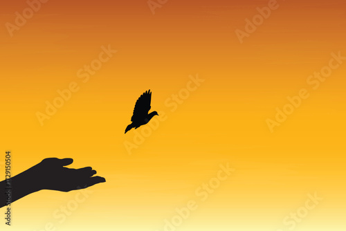 A silhouette of a hand releasing a bird into the orange hues of a tranquil sunset sky, symbolizing freedom, hope, and new beginnings. Ideal for themes of empowerment, release, and nature’s beauty.