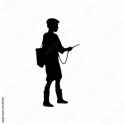 Caretaker spraying medicine in poultry house silhouette isolated on white background