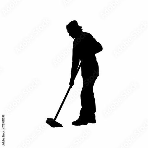 Silhouette of a caretaker sweeping a poultry shed floor isolated on white background