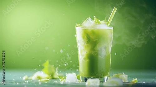 Refreshing Iced Green Juice Cold Drink with ice cubes  splash, Healthy Beverage, Cool Summer Refreshing Green Background