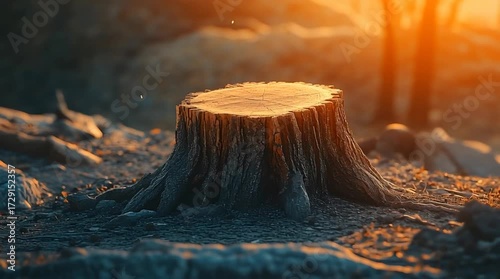 Tree stump forest sunlight nature wood outdoor landscape autumn peaceful environment, sunlit tree stump forest clearing surrounded by earthy ground