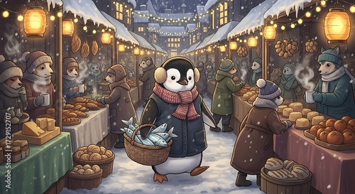 Penguin at Christmas Market Winter Fair.