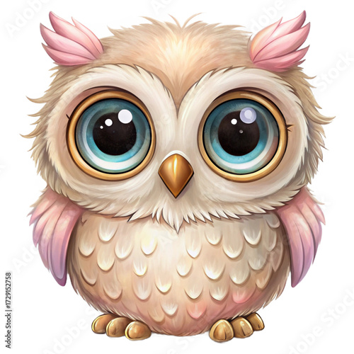 Cute owl cartoon with big blue eyes and pastel plumage