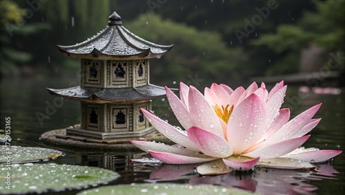 Serene japanese garden scene with pink water lily and pagoda lantern