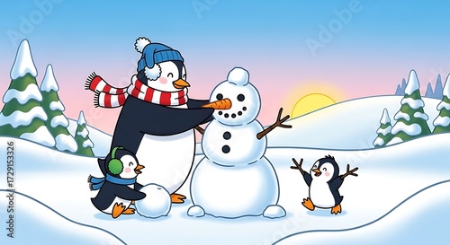 Penguin Family Building Snowman Winter Scene.