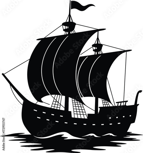 Tall ship sailing on wavy water sailing ship silhouette