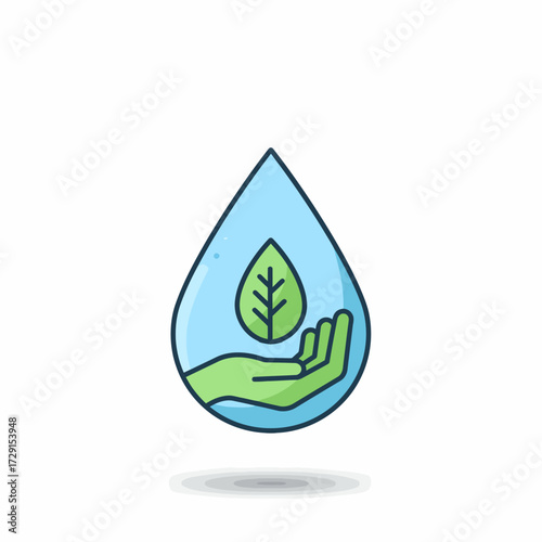 Flat 2D vector icon for water conservation, depicting a geometric blue water drop with a green leaf, symbolizing environmental protection and sustainability.