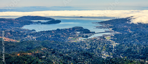 Panoramic view from Mount Tamalpais East Peak overlooking San Francisco Bay, Richmond San Rafael Bridge, Angel Island, and rolling hills of Marin County under fog and blue sky, California USA