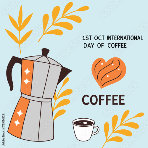 Celebrating the 1st October International Coffee Day with a stylish moka pot and coffee cup