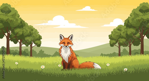 Cartoon Fox Sitting in a Field with Orange Fur and White Chest