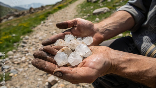 Soil-stained hands holding uncut crystals outdoors, highlighting natural geology, raw gemstone beauty, and earthy mineral discovery.”
