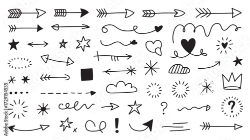 Doodle design elements hand drawn arrows stars hearts and shapes vector illustration for decoration and graphic design isolated on white background