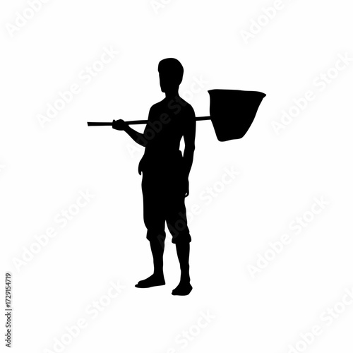 Silhouette of poultry farm worker holding feed scoop isolated on white background
