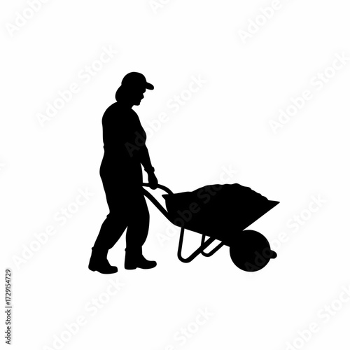 Silhouette of poultry farm worker pushing wheelbarrow full of feed isolated on white background