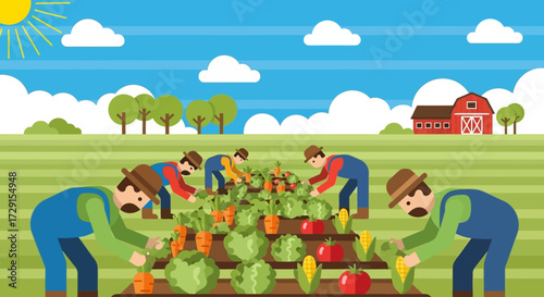 Farmers Harvesting Vegetables in a Colorful Garden Under Sunny Sky