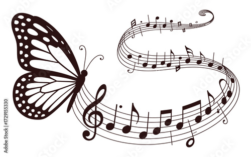 Butterfly and music note vector symbol, minimal artistic illustration for decoration or branding