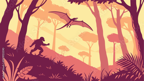  a-sunset-scenery-in-a-forest-where-a-flying bird with primitive man pro vector