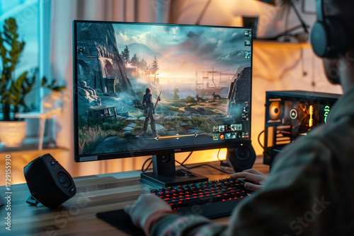 Young gamer playing video game at home
Man using computer for online gaming