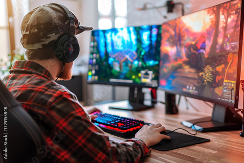 Young gamer playing video game at home
Man using computer for online gaming