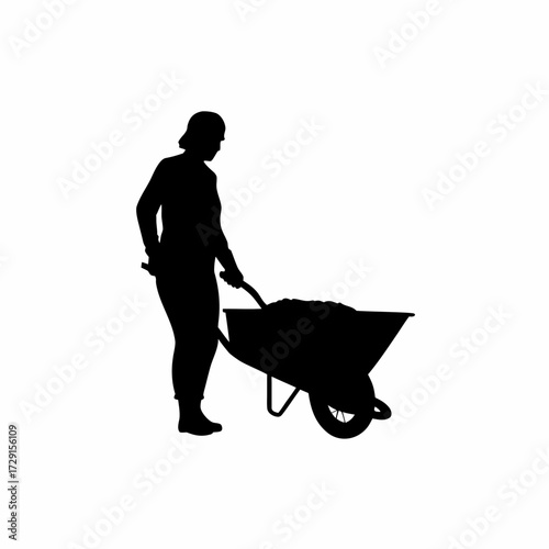 Poultry worker silhouette dumping waste into wheelbarrow isolated on white background