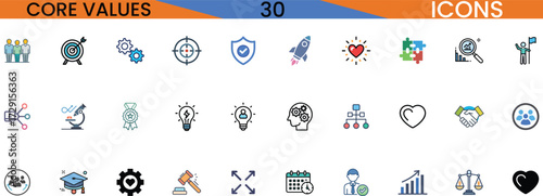 Collection of core values icons representing principles ethics business and teamwork concepts vector