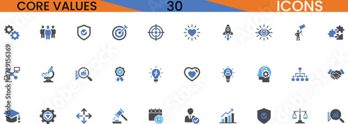 Collection of core values icons representing business ethics teamwork innovation and growth vector