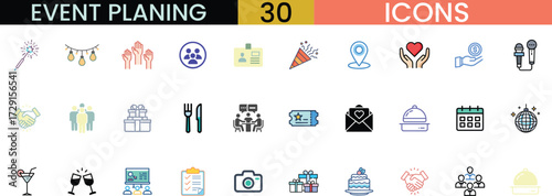 Set of 30 event planning icons representing various aspects of celebrations and gatherings vector
