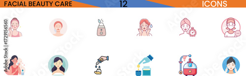 Facial beauty care icons collection for skincare and cosmetics services vector