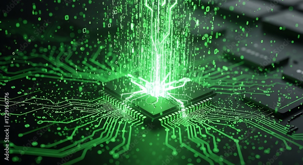Obraz premium Cutting-edge microchip at the heart of digital data processing, glowing with powerful green energy flow
