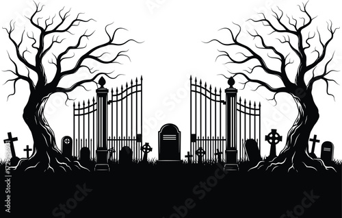 Spooky graveyard vector illustration with haunted trees, gothic wrought iron gate, tombstones, eerie halloween cemetery design, horror night scene artwork