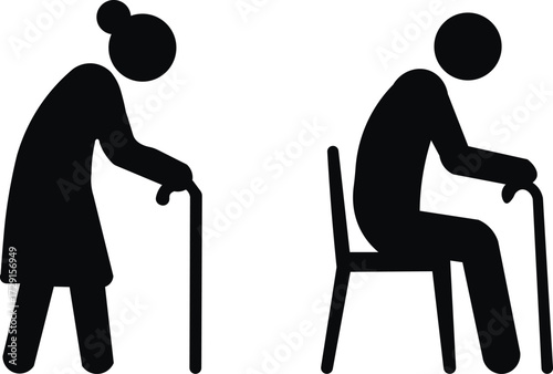 Elderly couple silhouette icons representing aging senior citizens and retirement lifestyle vector