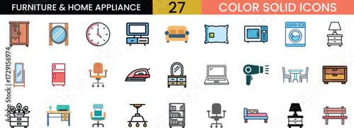 Clean furniture home appliance color solid icons set for modern design projects vector