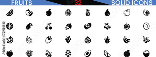 Set of diverse fruit solid icons representing healthy food choices and nutrition vector