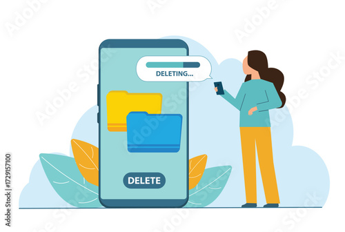 Delete concept. Woman deleting data on smartphone. Move unnecessary files to the trash bin. Cleaning digital memory