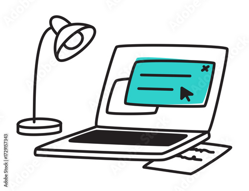 Workspace with laptop, table lamp and notes